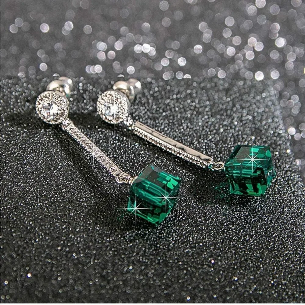 .925 Sterling Silver with Emerald Austrian Green Crystal Dangling Cube Earrings